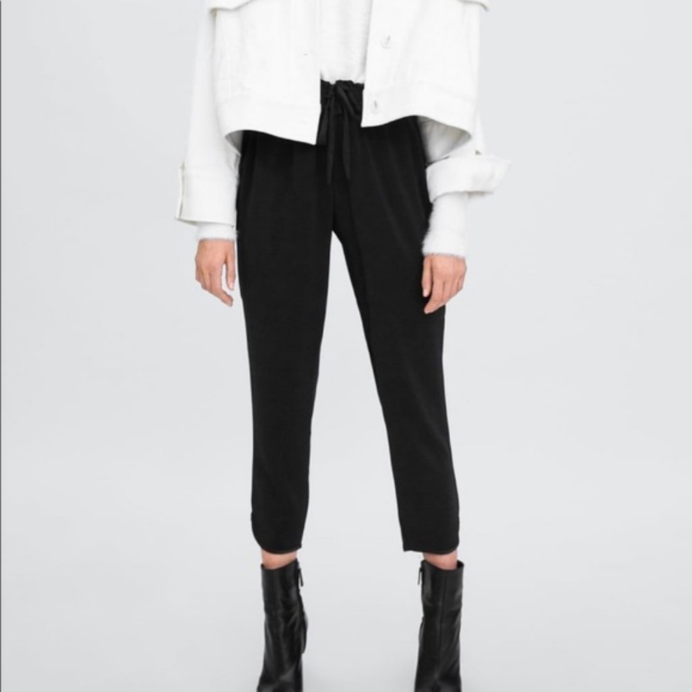 Zara Crop Black Comfortable Dress Pant Tie Waist Business Casual XS